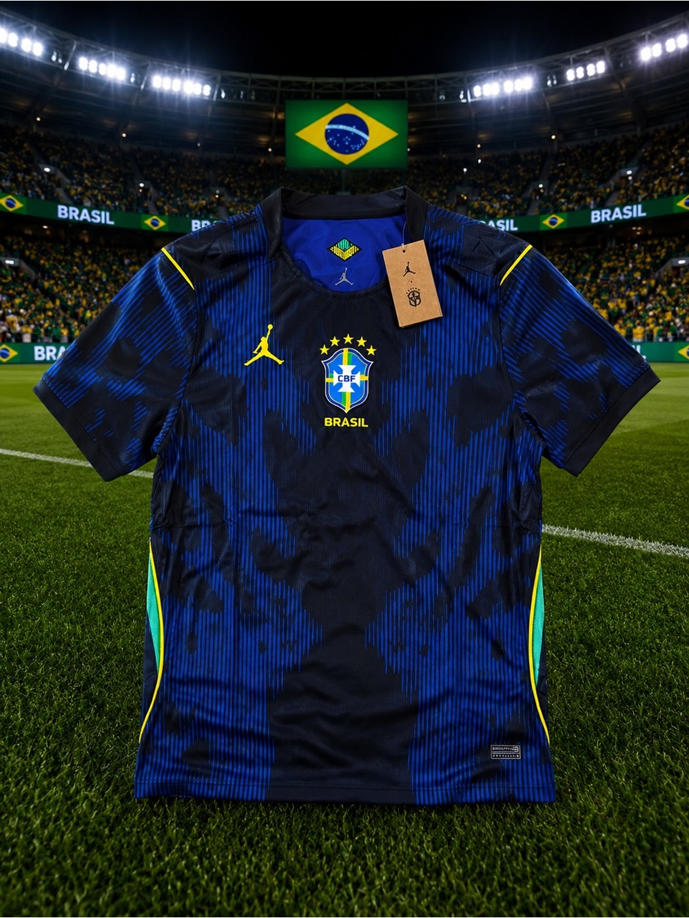 Jordan Brazil Navy and Royal Blue Football Jersey with Yellow Accents